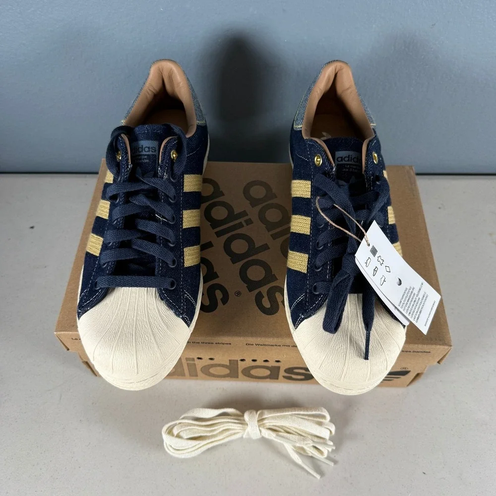 Adidas Superstar Denim‎ Navy Gold Indigo Shell Toe Sneakers GX6351 Size 8 - Picture 4 of 9